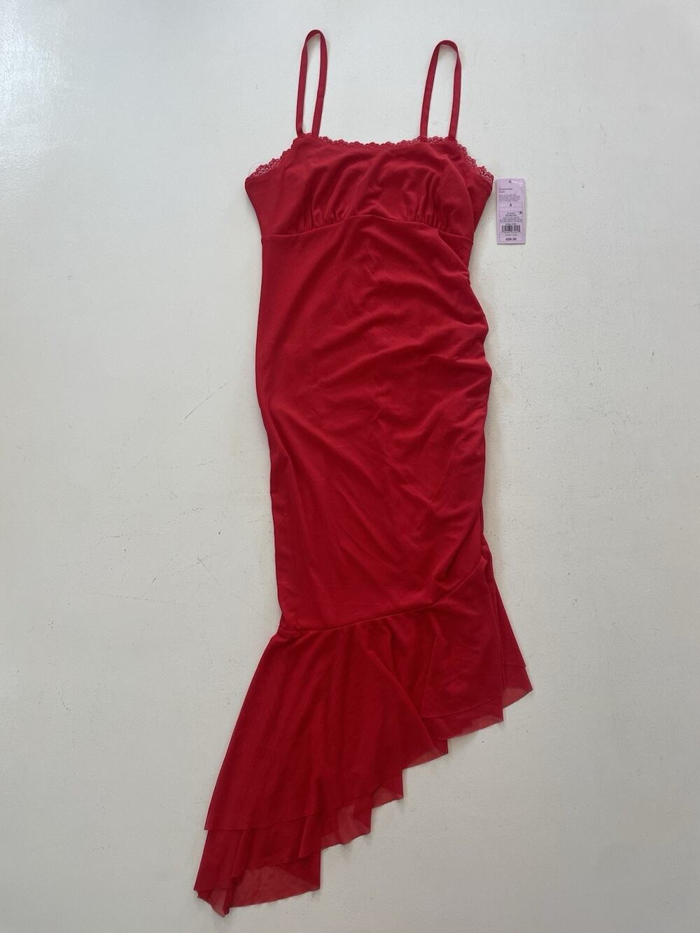 Wild Fable Women Small Red Mesh Ruched Asymmetric Midi Dress Ruffled High-Low